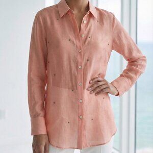 NEW $188 Bailey 44 Norea Button-Up Blouse semi sheer subtle rhinestones L rose